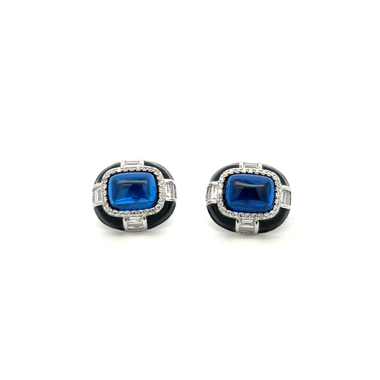 Ultra Premium Blue Crystal Cabochon Black Onyx Stud Earrings on Pure 925 Silver