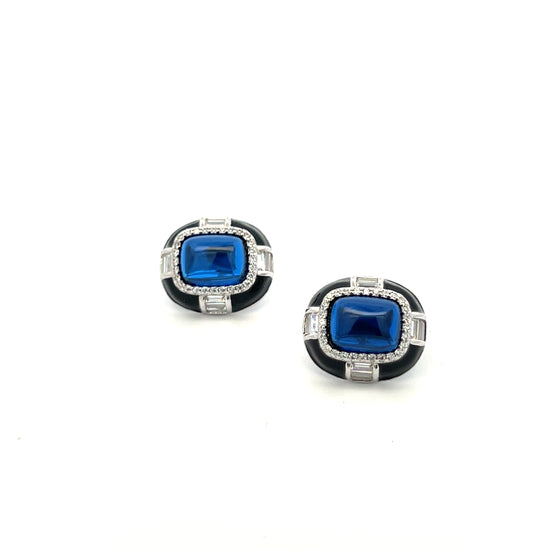 Ultra Premium Blue Crystal Cabochon Black Onyx Stud Earrings on Pure 925 Silver
