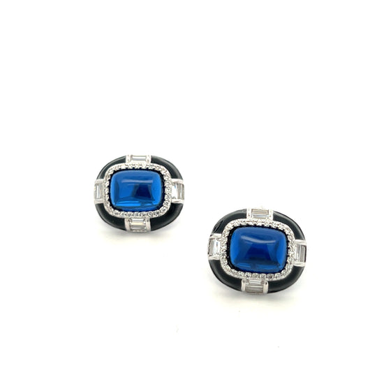 Ultra Premium Blue Crystal Cabochon Black Onyx Stud Earrings on Pure 925 Silver