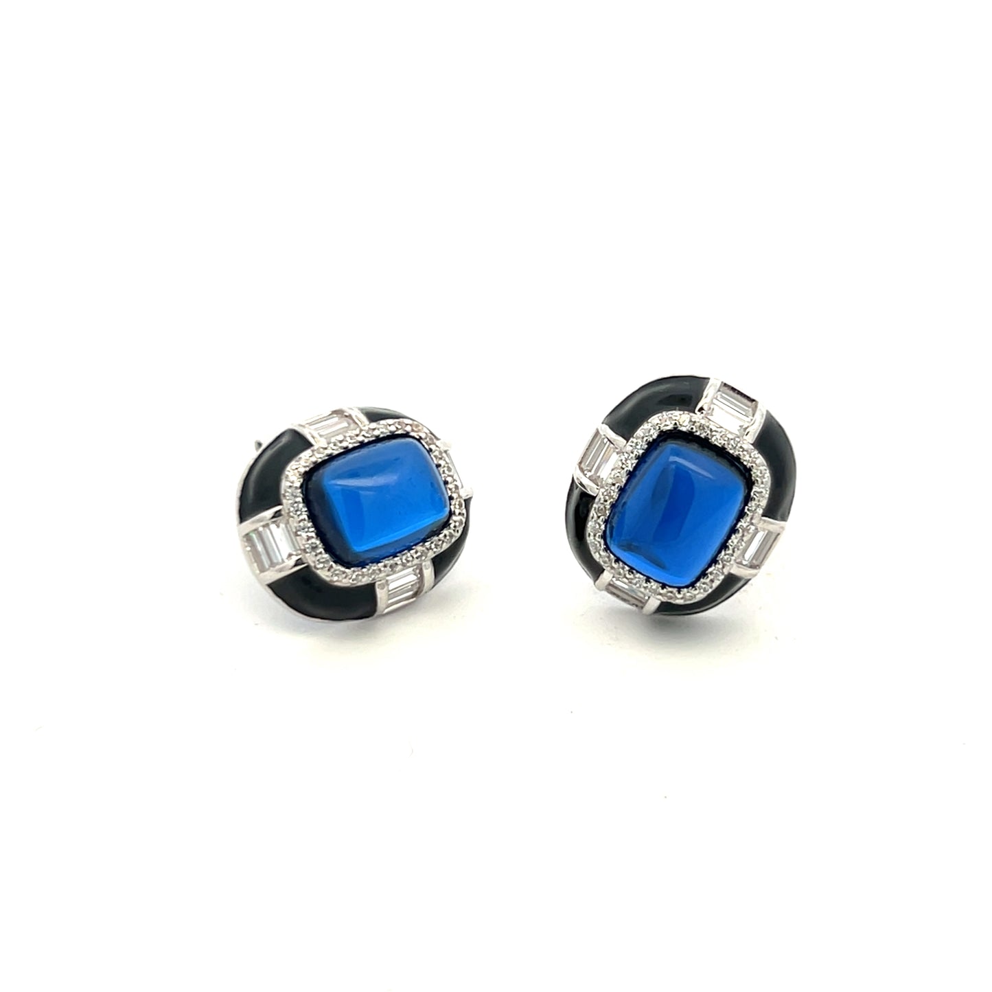 Ultra Premium Blue Crystal Cabochon Black Onyx Stud Earrings on Pure 925 Silver