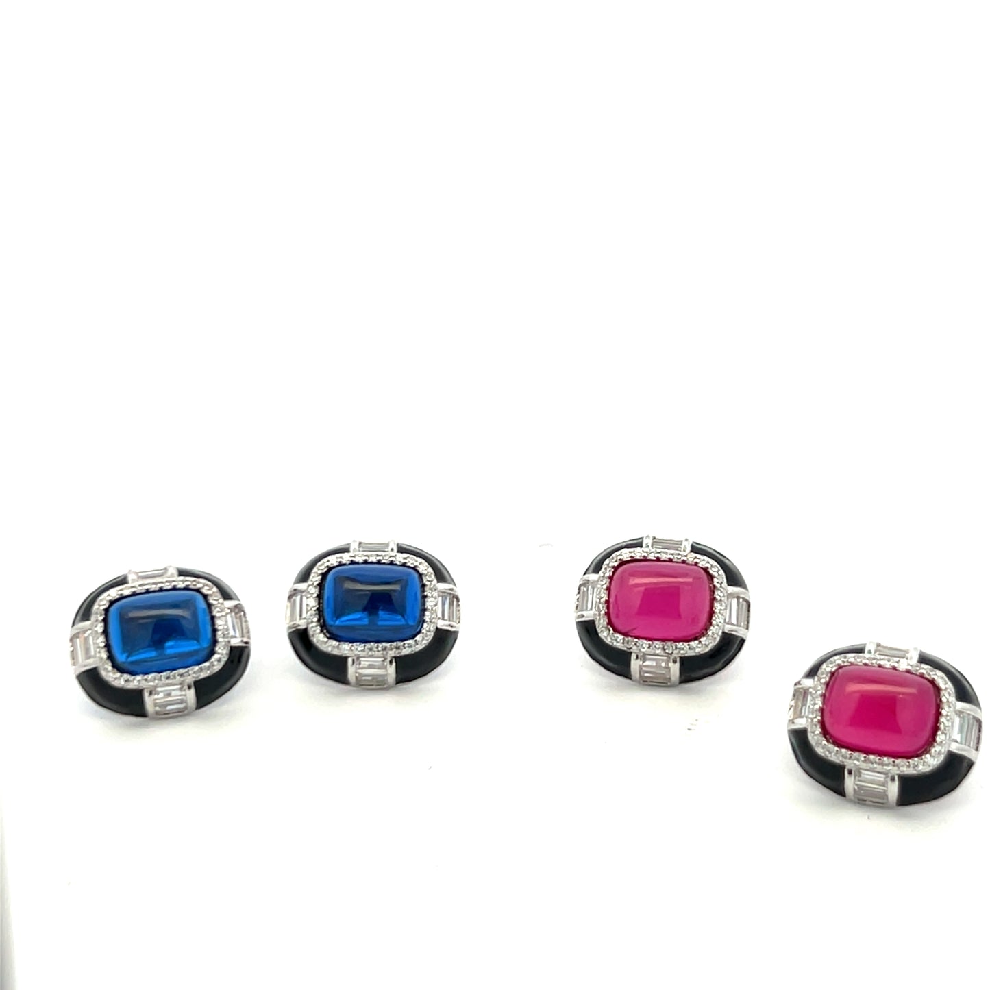 Ultra Premium Blue Crystal Cabochon Black Onyx Stud Earrings on Pure 925 Silver