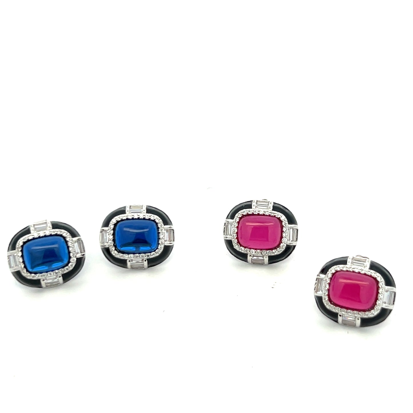Ultra Premium Blue Crystal Cabochon Black Onyx Stud Earrings on Pure 925 Silver