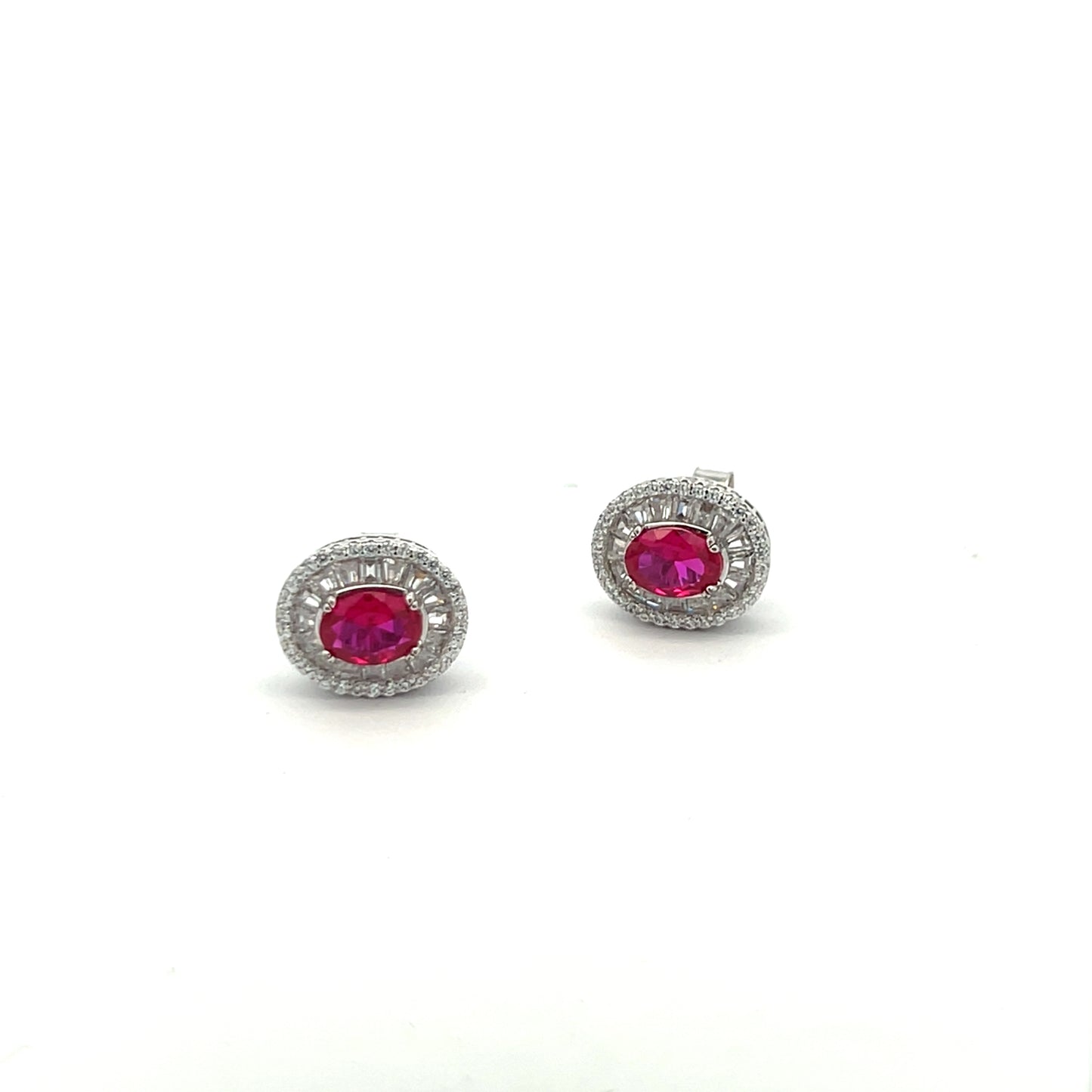 Oval Ruby Solitaire Larissa Stud with American Diamond Baguette on Pure 925 Silver