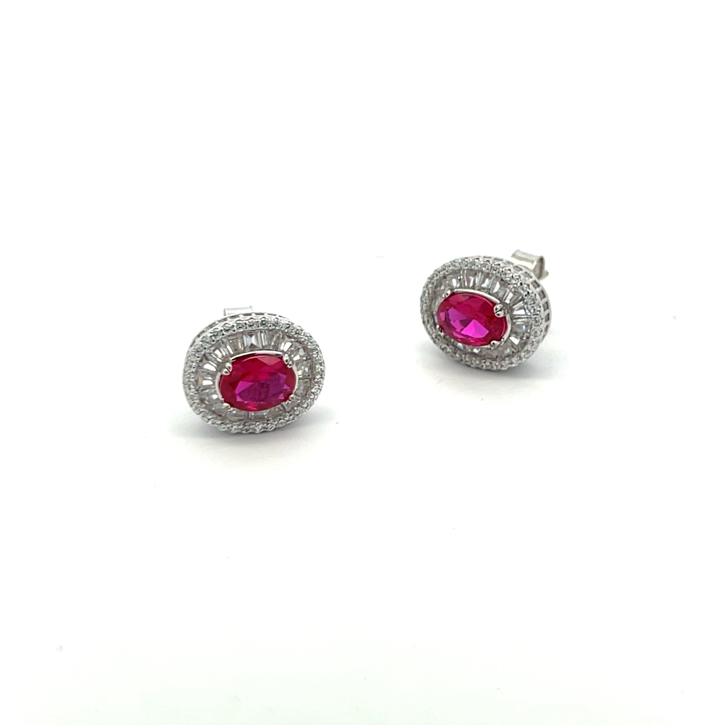 Oval Ruby Solitaire Larissa Stud with American Diamond Baguette on Pure 925 Silver