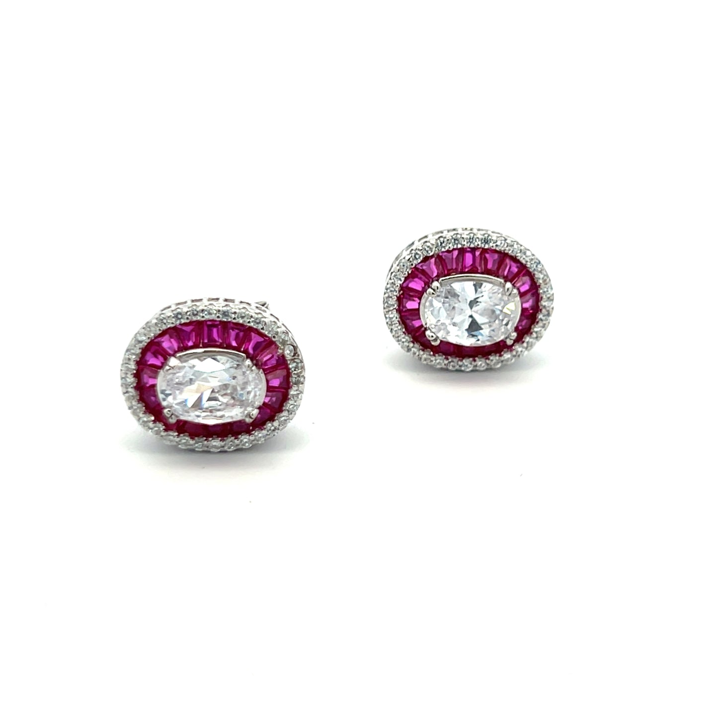 Oval Solitaire Larissa Studs with Ruby Baguettes on Pure 925 Silver