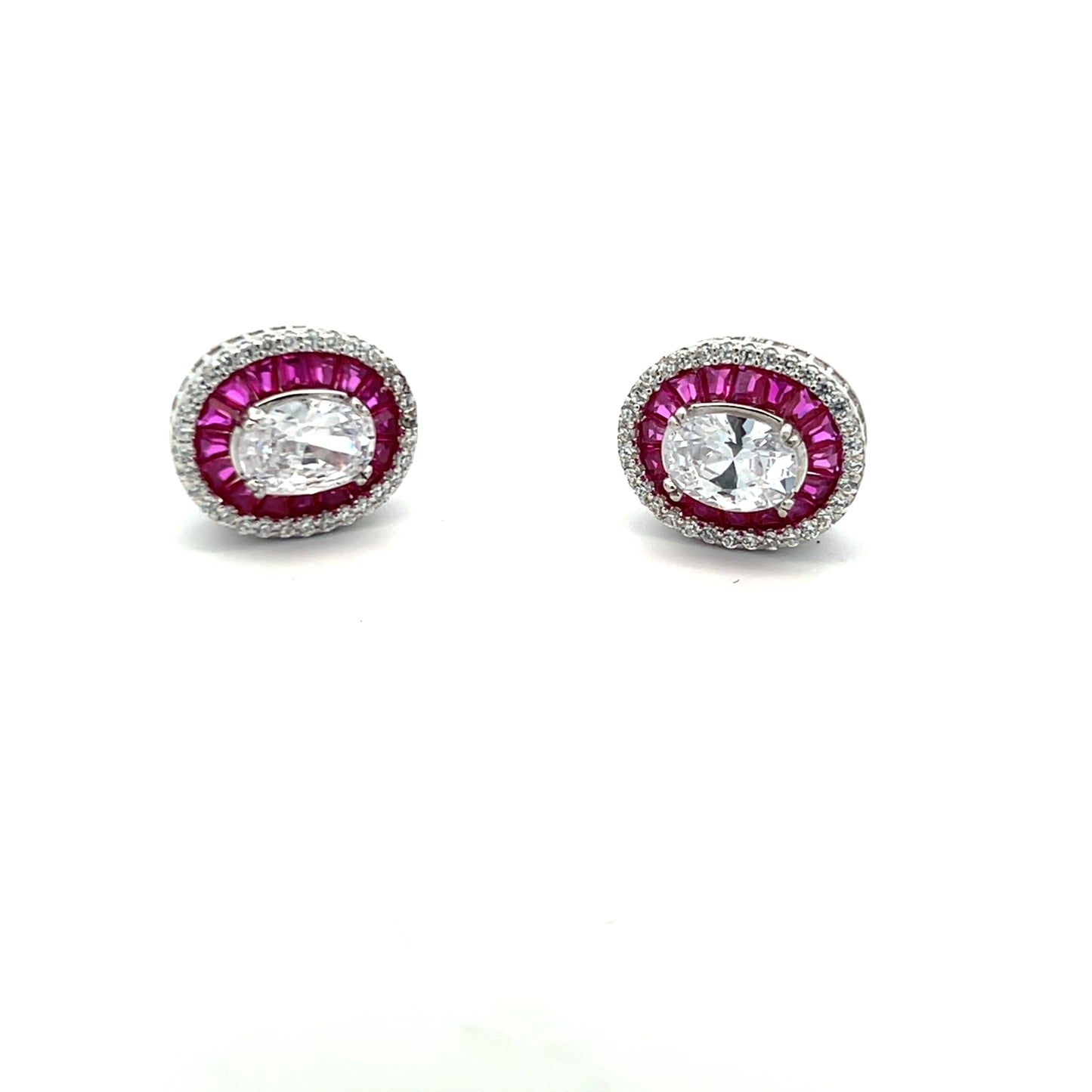 Oval Solitaire Larissa Studs with Ruby Baguettes on Pure 925 Silver