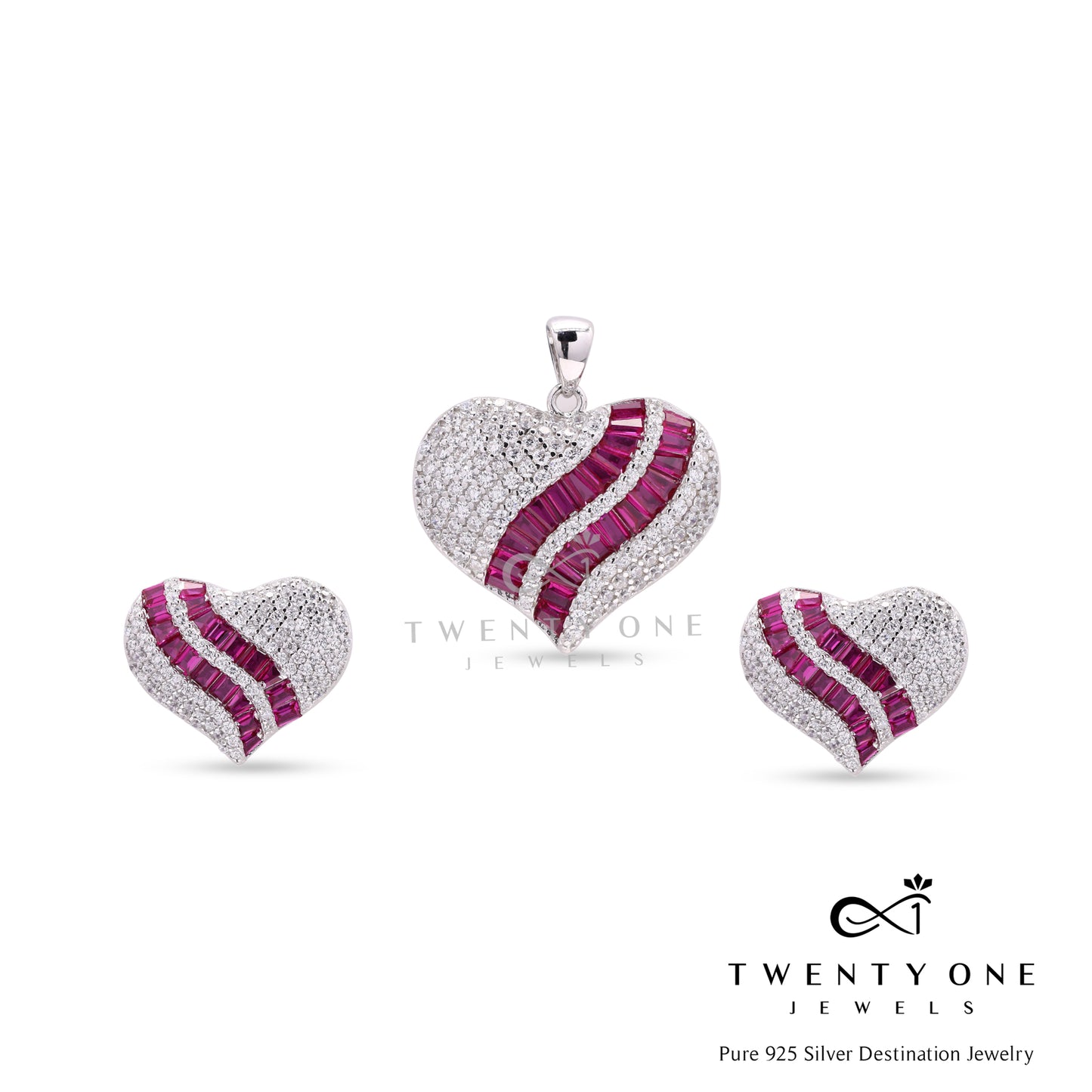 Valentines Exclusive Diamond and Ruby Studded Pendant Set on Pure 925 Silver