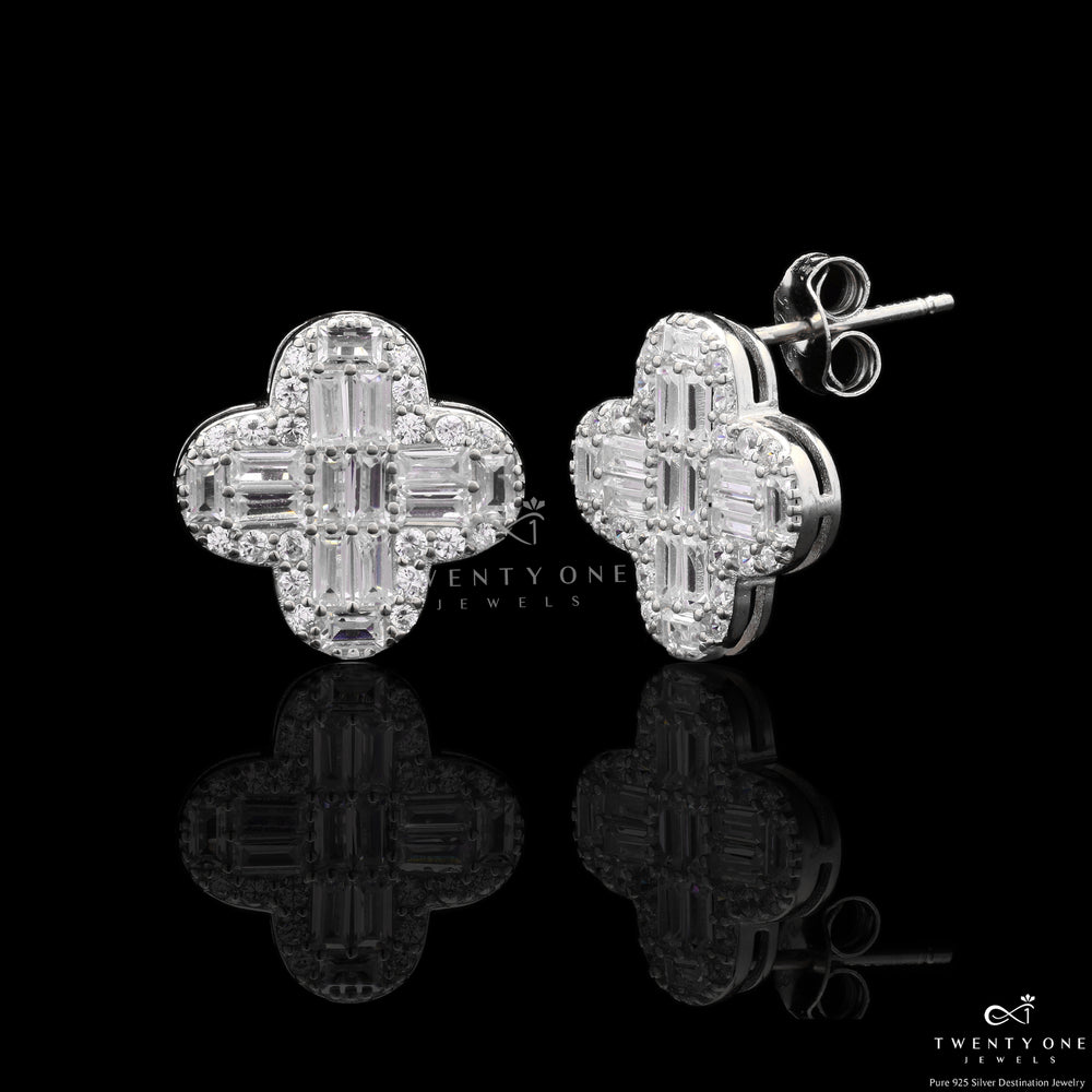 Rabiah Floral Studs With Diamond Baguette On 925 Silver
