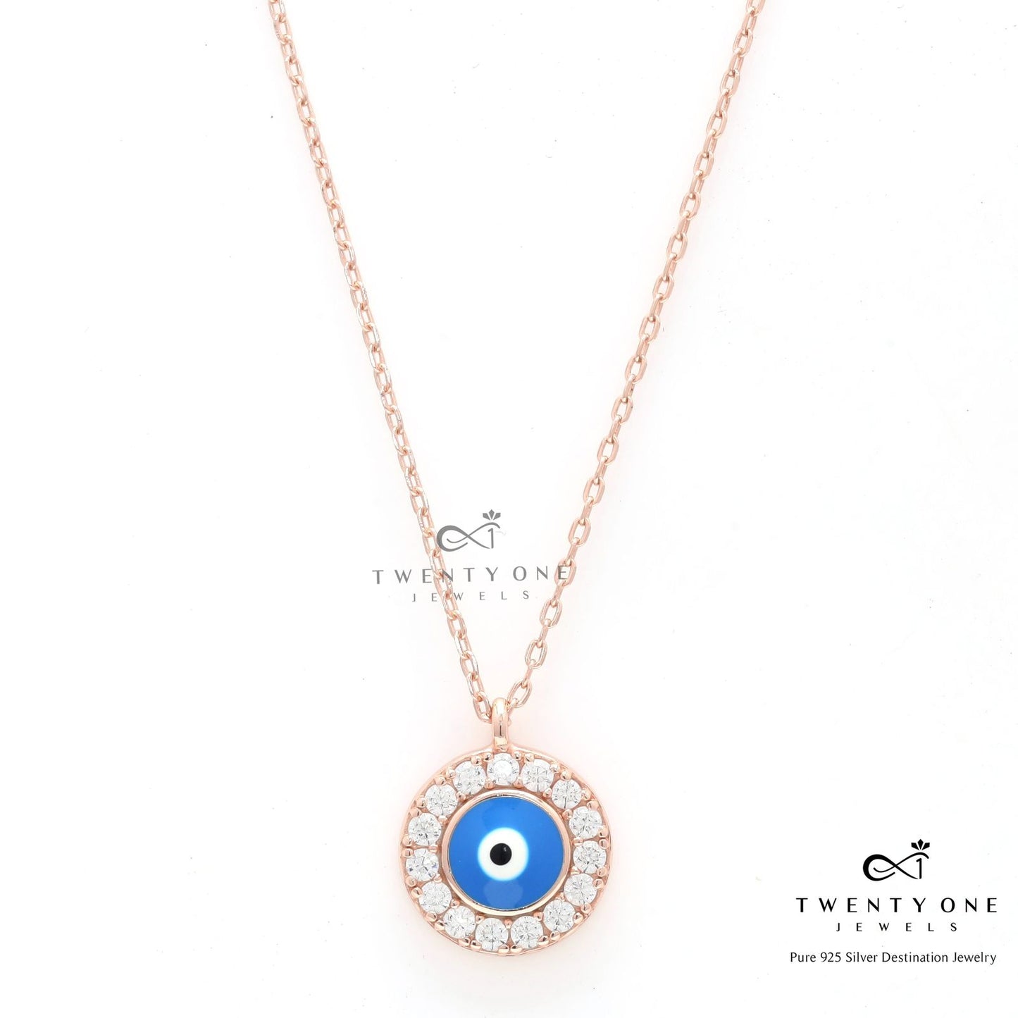 Rose Gold Finish Larry Evil Eye Pendant with Chain on Pure 925 Silver