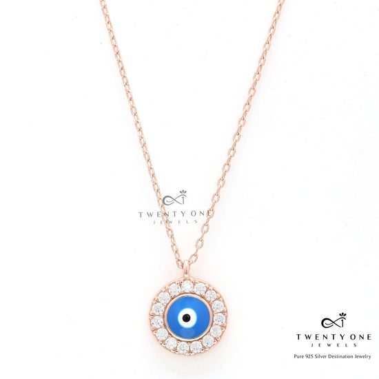 Rose Gold Finish Larry Evil Eye Pendant with Chain on Pure 925 Silver