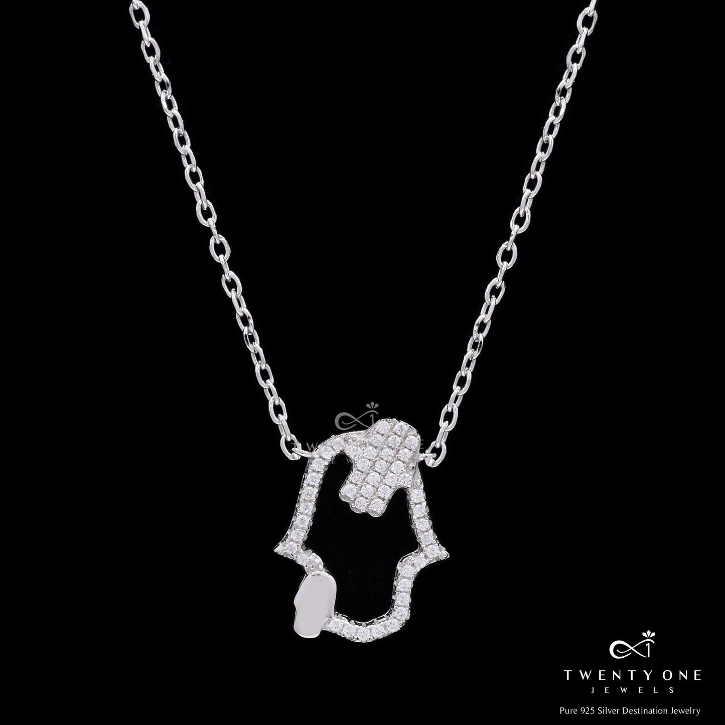 American Diamond Studded Hamza Eva Pendant with Chain on Pure 925 Silver.