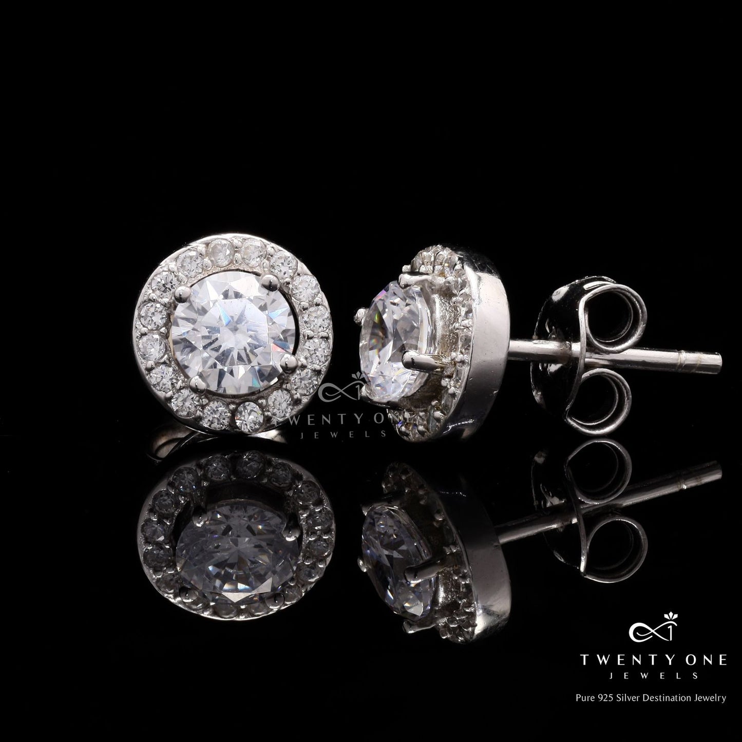 Mini Halo Studs with Push Back on Pure 925 Silver.