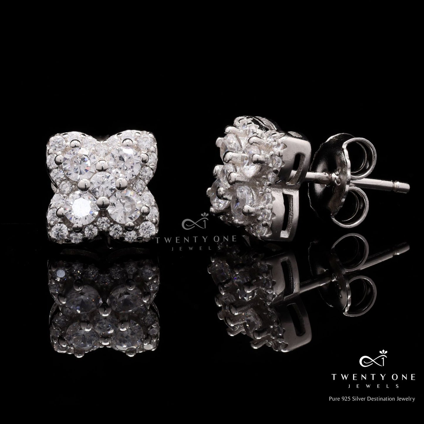 American Diamond Studded 4 Petal Alina Studs on Pure 925 Silver.