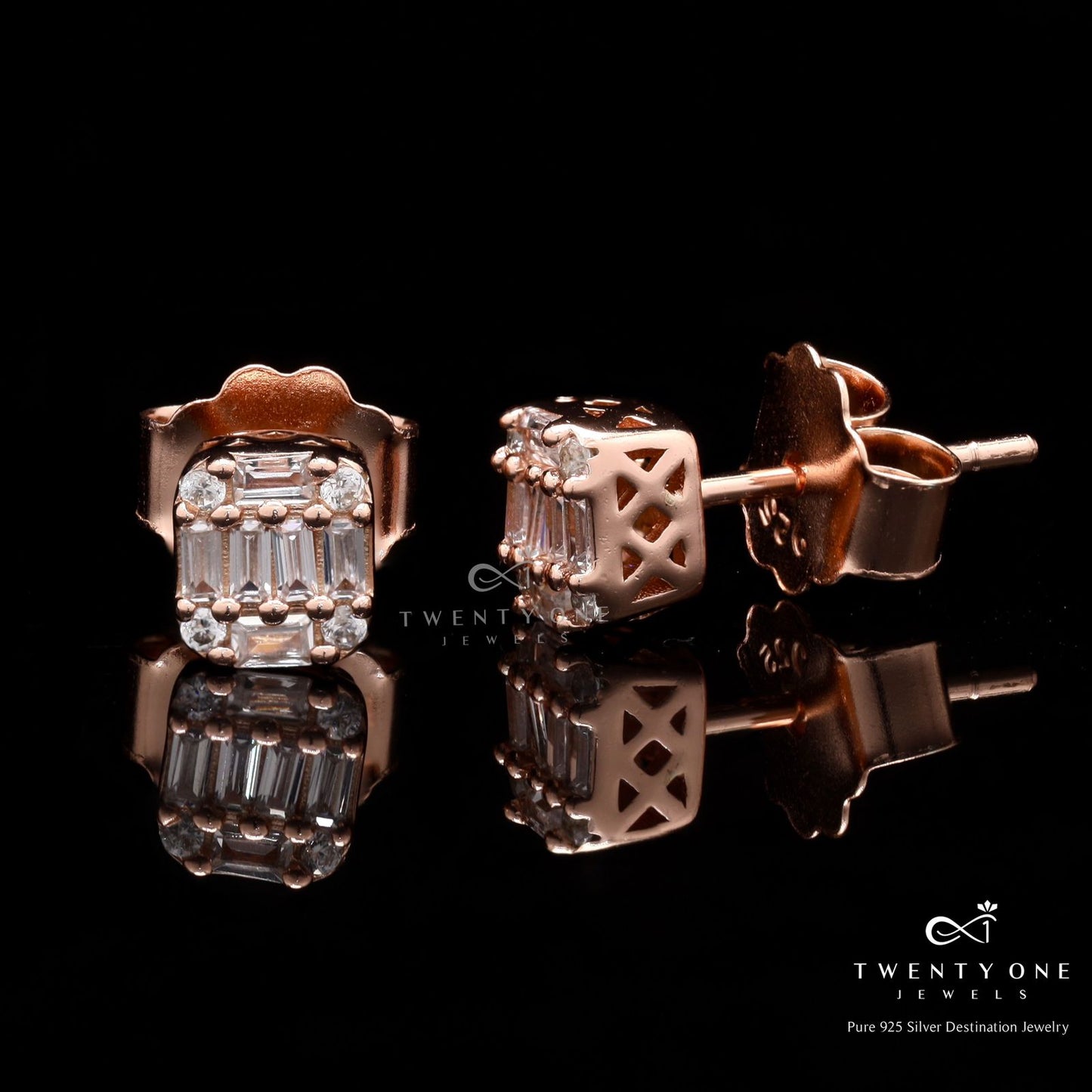 Rose Gold American Diamond Studded Emma Stud on Pure 925 Silver.