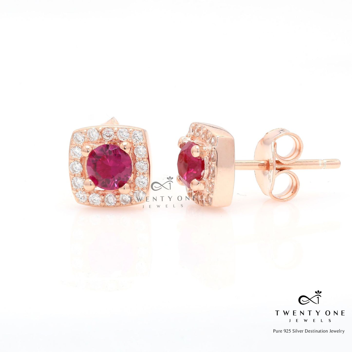 Rose Gold American Diamond Studded Ruby Solitaire Milani Stud on Pure 925 Silver.