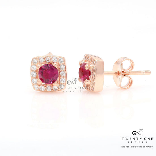 Rose Gold American Diamond Studded Ruby Solitaire Milani Stud on Pure 925 Silver.