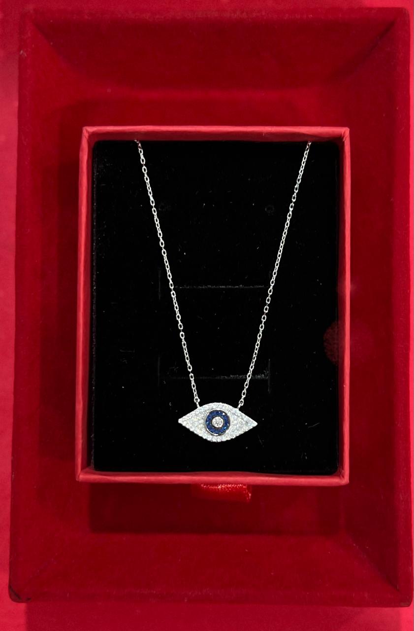 American Diamond Studded Valentina Evil Eye Pendant With Chain on Pure 925 Silver.