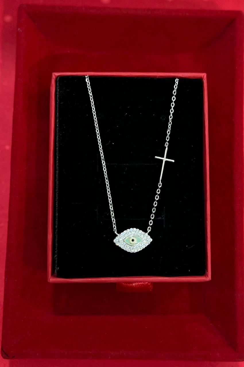 American Diamond Studded Gianna Evil Eye with Cross Pendant with Chain on Pure 925 Silver