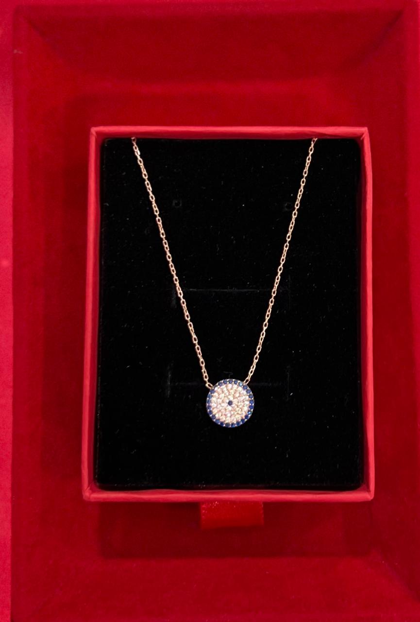 Rose Gold American Diamond Studded Avery Evil Eye Pendant With Chain on Pure 925 Silver.