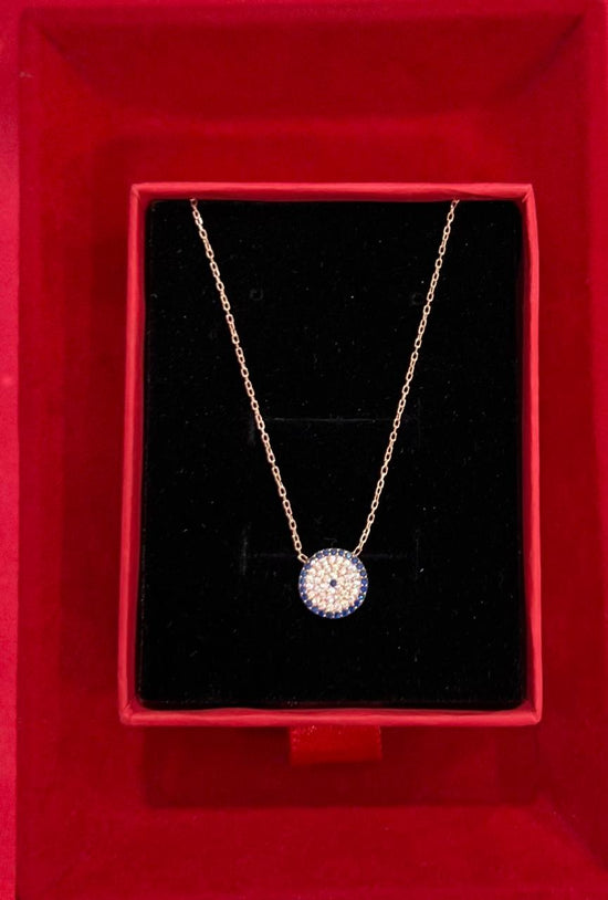 Rose Gold American Diamond Studded Avery Evil Eye Pendant With Chain on Pure 925 Silver.