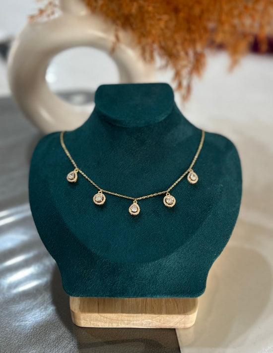 18k Gold Finish Drop and Round Cut Solitaire Charms Necklace on Pure 925 Silver
