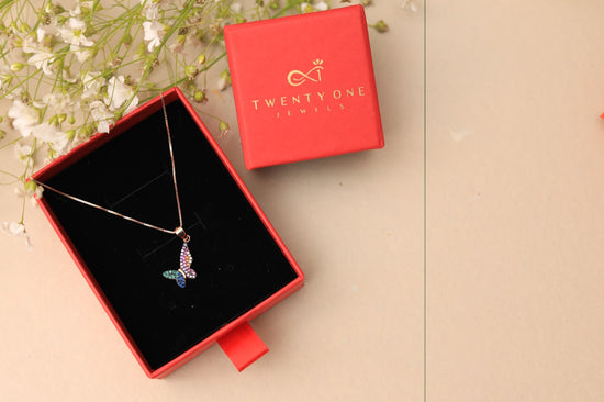 Multicoloured Butterfly Rose Gold Amora Pendant with Chain on Pure 925 Silver.
