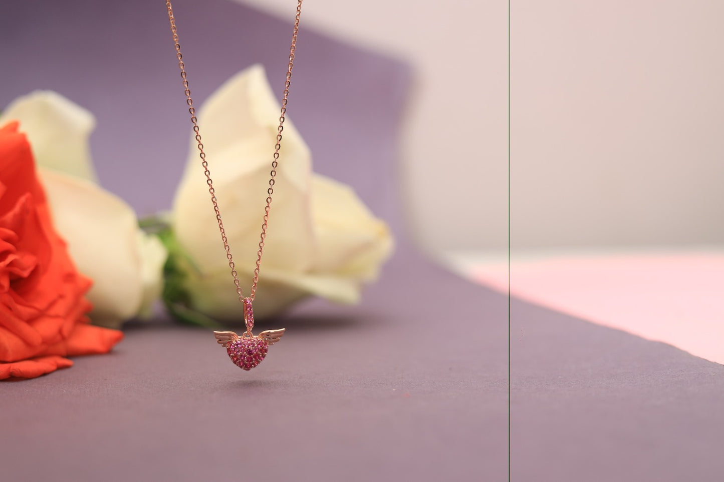Valentines Exclusive Rose Gold Finish Ruby Angel Heart Pendant with Chain on Pure 925 Silver
