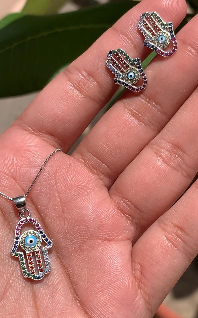 Multicoloured Hamza Hand Pendant Set on Pure 925 Silver