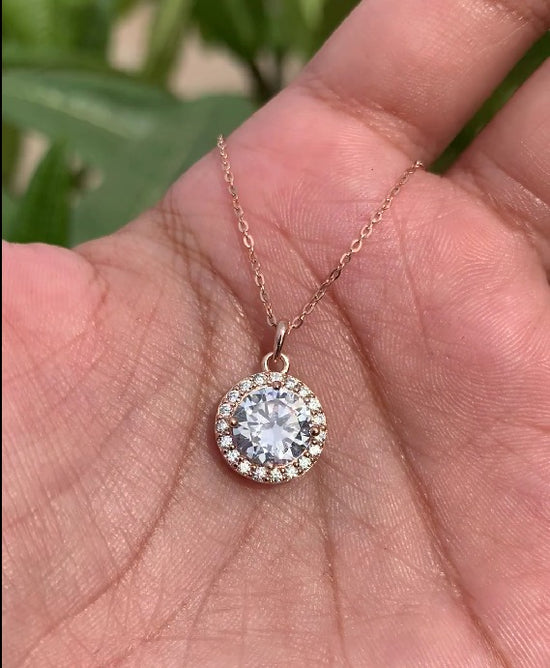 Rose Gold 2 Carat Round Cut Solitaire Adeline Pendant with Chain on Pure 925 Silver