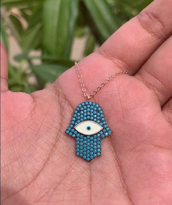Blue Sapphire Hamza Hand with Evil Eye Rose Gold Pendant with chain on Pure 925 Silver