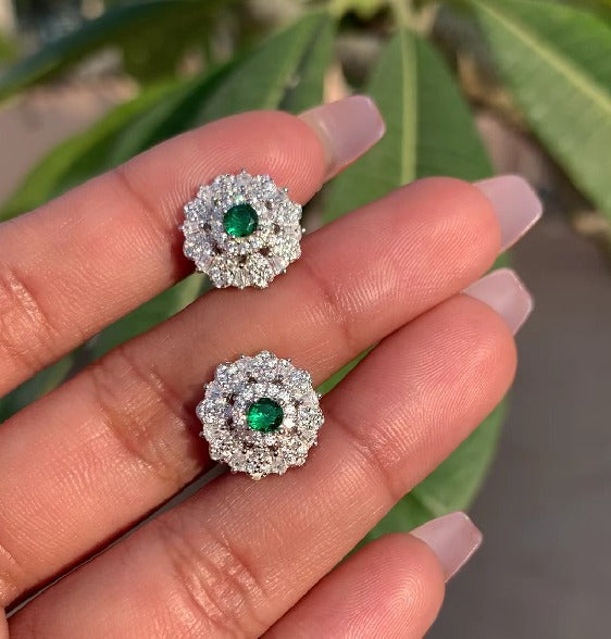American Diamond with Baguette Blaire Green Emerald Studs on Pure 925 Silver