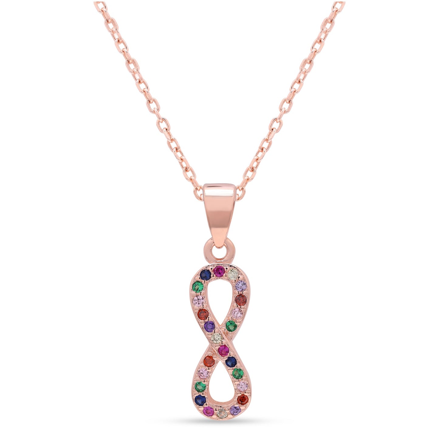Rose Gold Multicoloured Infinity Eva Pendant with Chain on Pure 925 Silver.