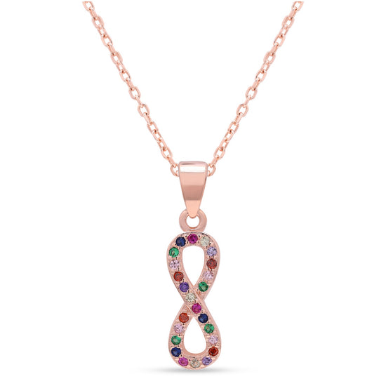 Rose Gold Multicoloured Infinity Eva Pendant with Chain on Pure 925 Silver.
