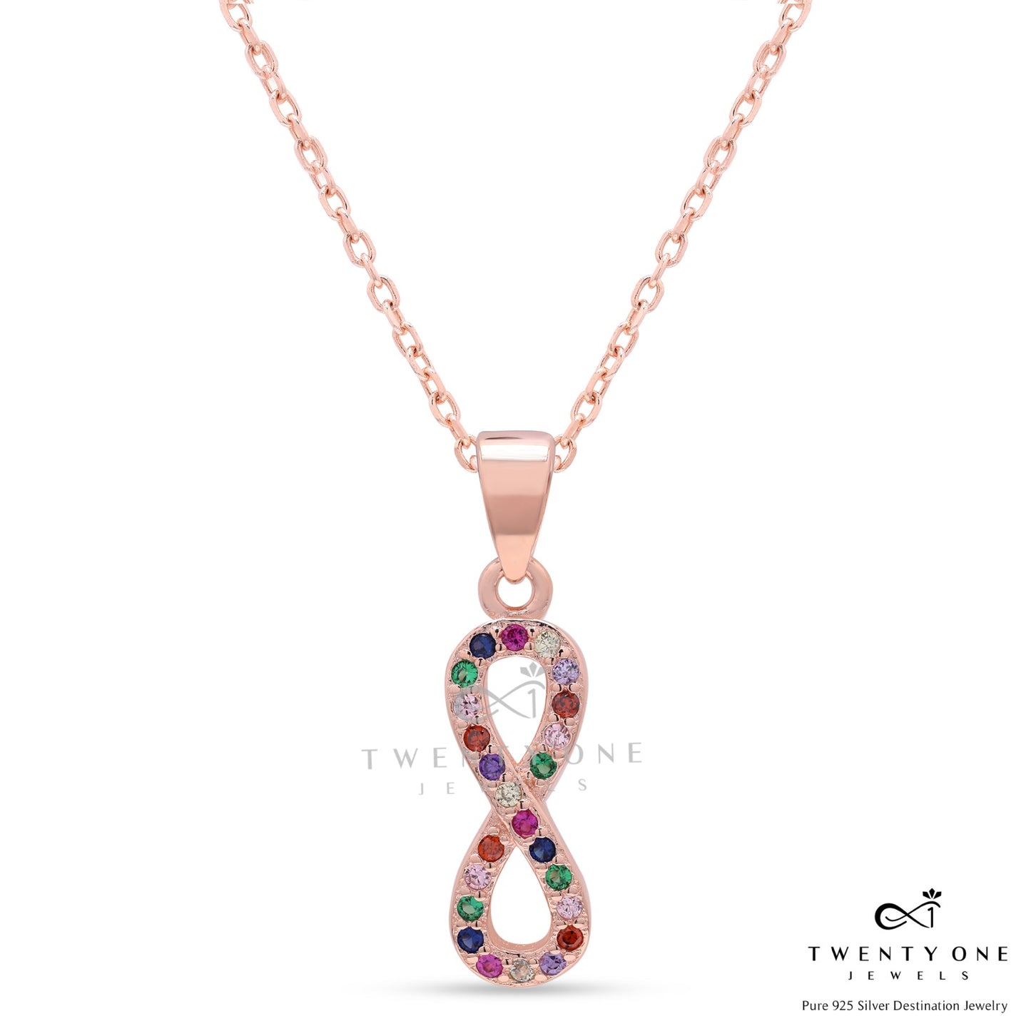 Rose Gold Multicoloured Infinity Eva Pendant with Chain on Pure 925 Silver.