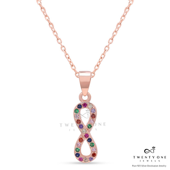 Rose Gold Multicoloured Infinity Eva Pendant with Chain on Pure 925 Silver.