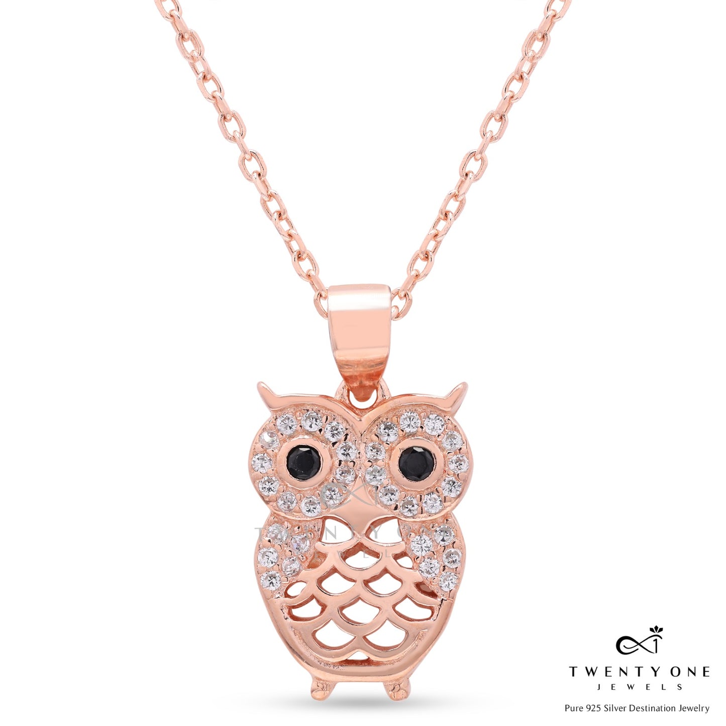 Rose Gold Finish Diamond Studded Owl Pendant with Chain on Pure 925 Silver.
