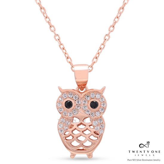 Rose Gold Finish Diamond Studded Owl Pendant with Chain on Pure 925 Silver.