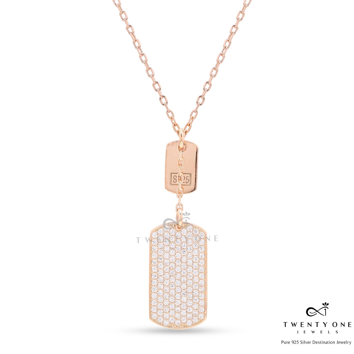 Rose Gold Pave Setting Nia Flat Pendant with Chain on Pure 925 Silver.