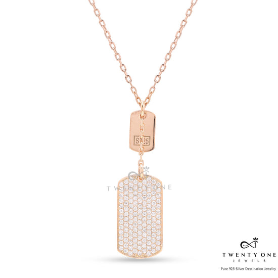 Rose Gold Pave Setting Nia Flat Pendant with Chain on Pure 925 Silver.