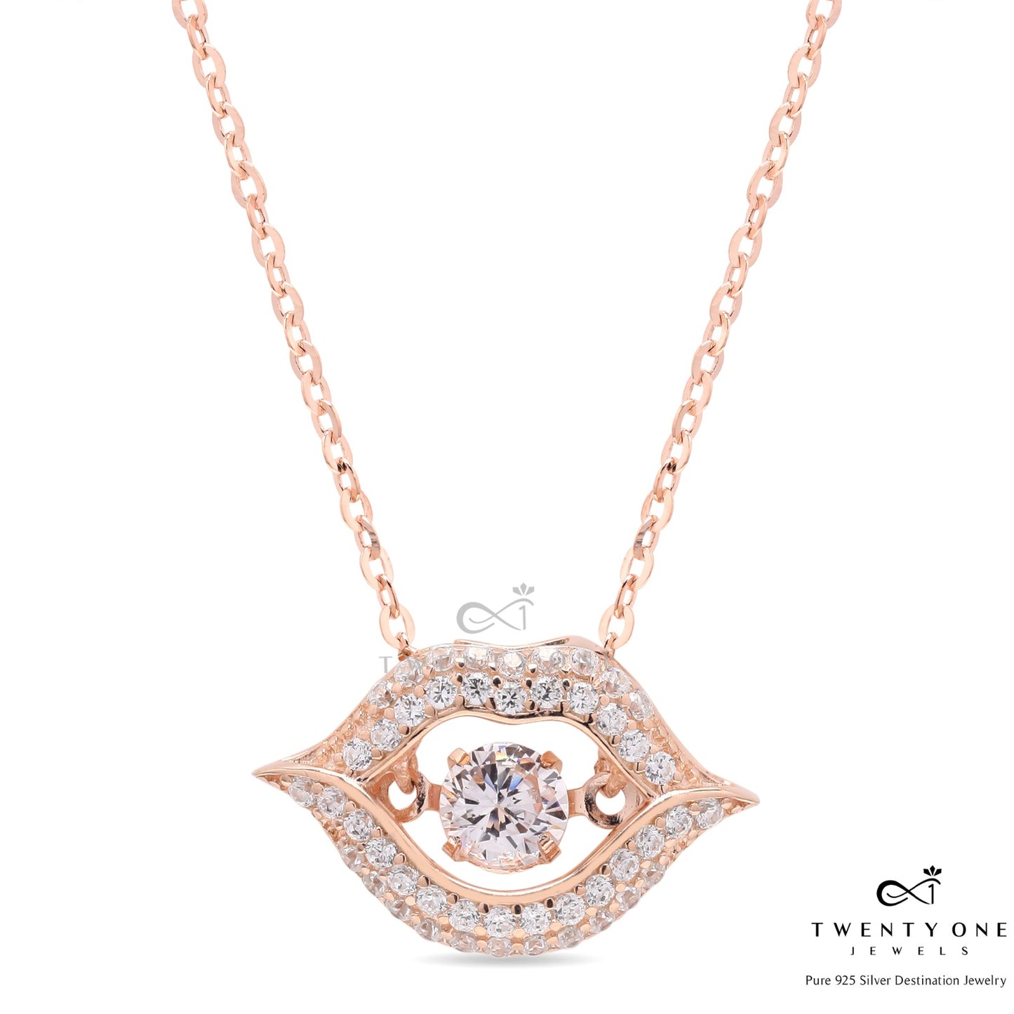Valentines Exclusive Solitaire Danny Rose Gold Finish Lip Pendant with Chain on Pure 925 Silver