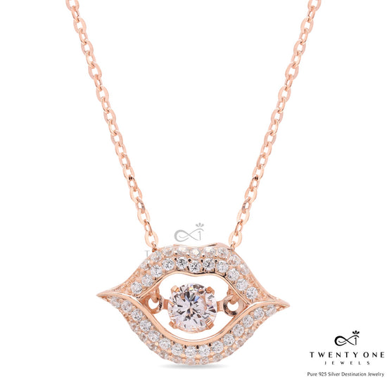 Valentines Exclusive Solitaire Danny Rose Gold Finish Lip Pendant with Chain on Pure 925 Silver