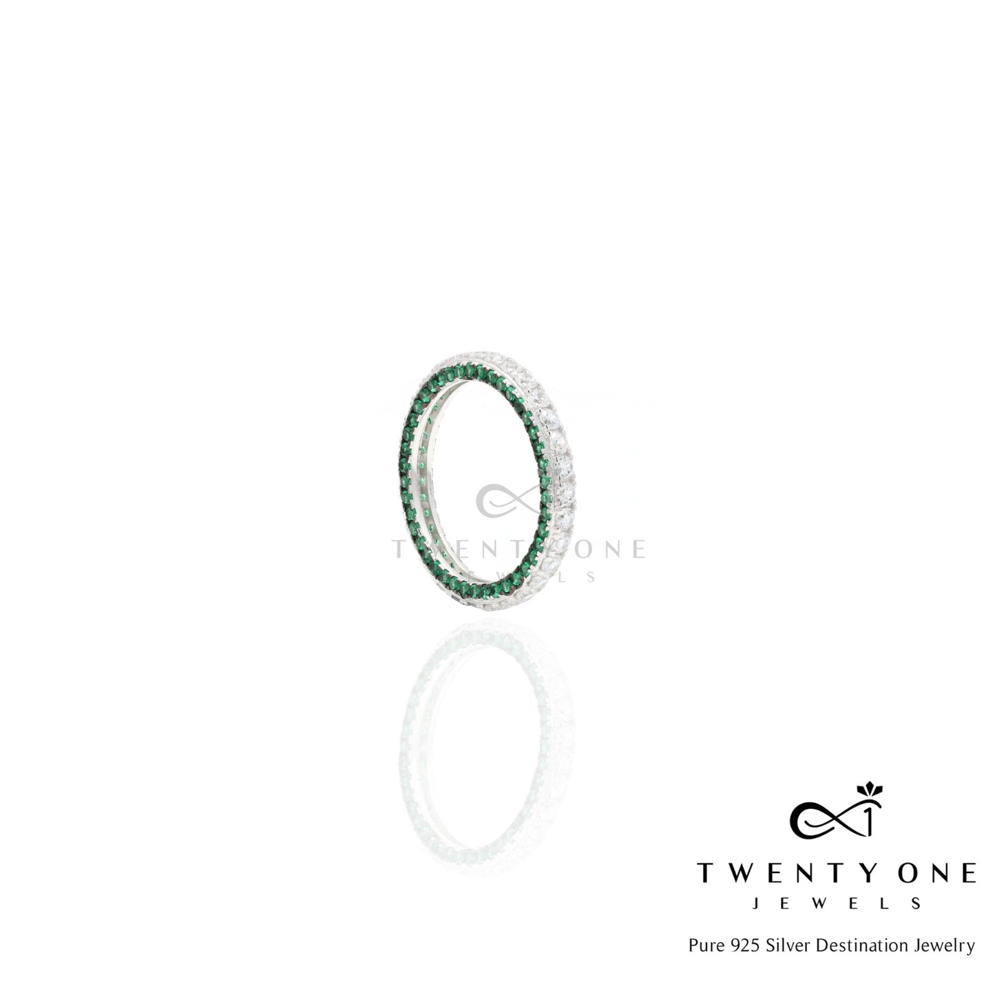 Green Emerald Detailing American Diamond Studded Band Ring on Pure 925 Silver