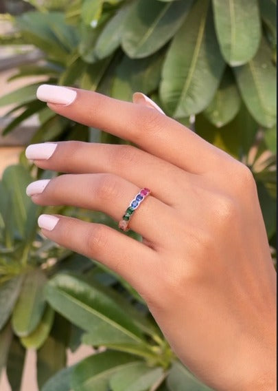 Rose Gold Multicoloured Sage Band Ring on Pure 925 Silver.