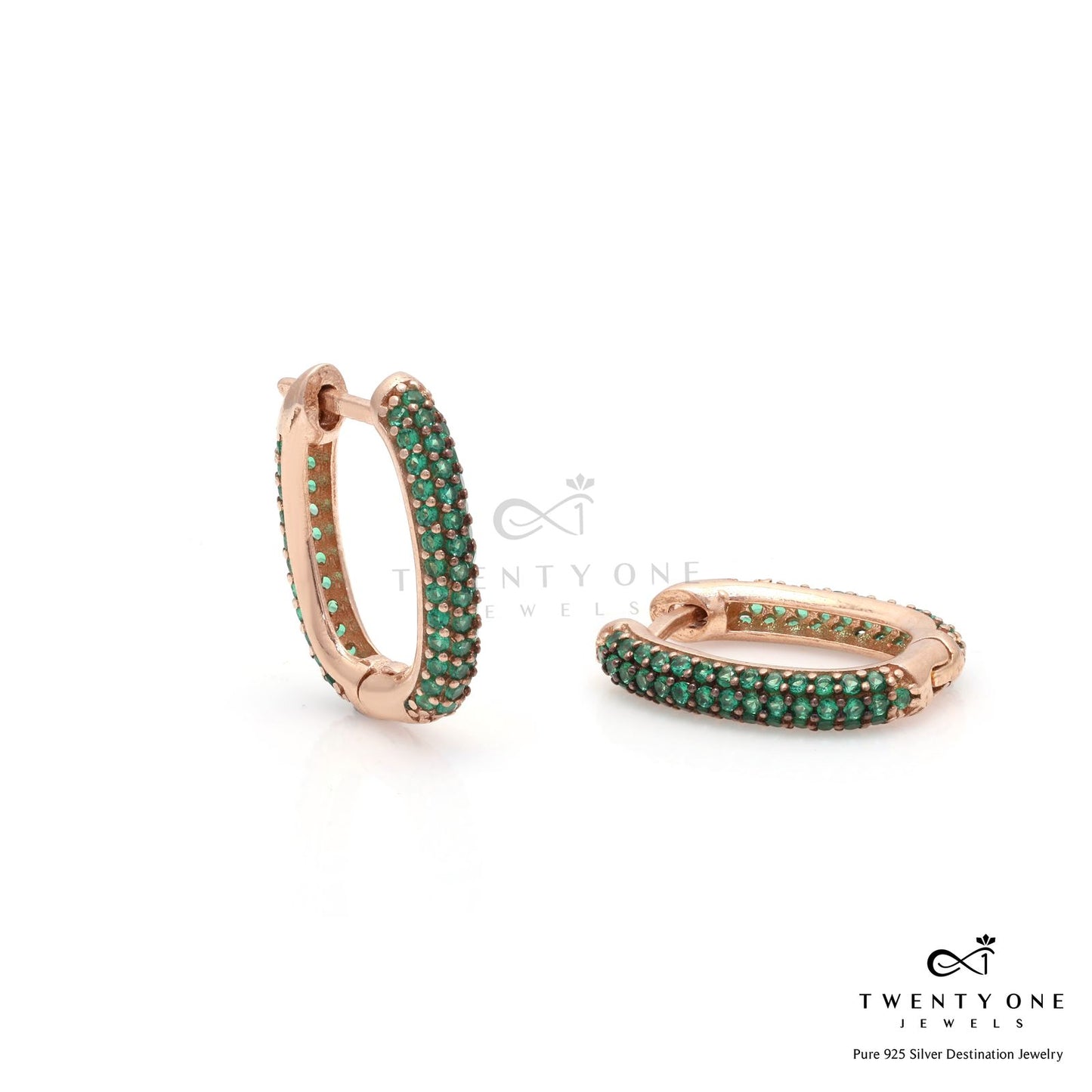Green Emerald Rose Gold Dilino Hoops on Pure 925 Silver