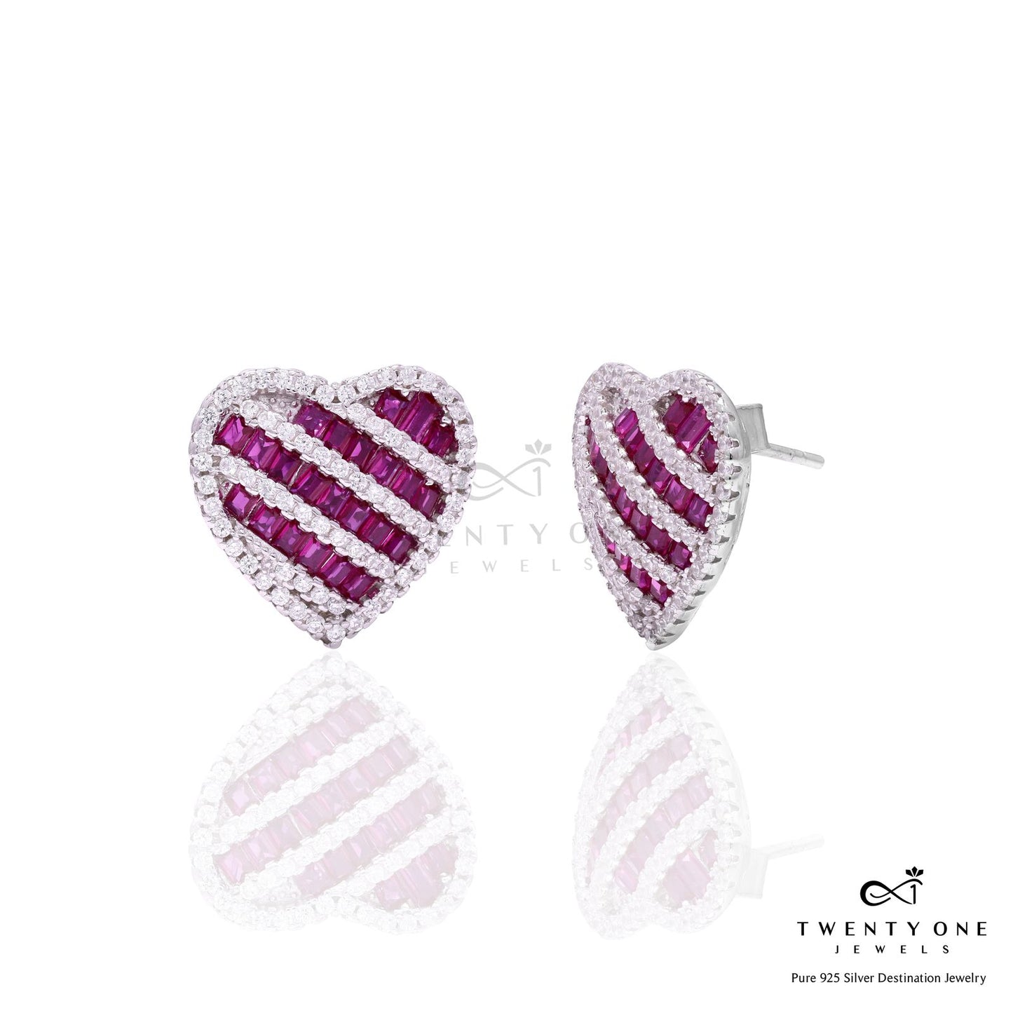 American Diamond and Ruby Studded Love Struck Heart Studs on Pure 925 Silver