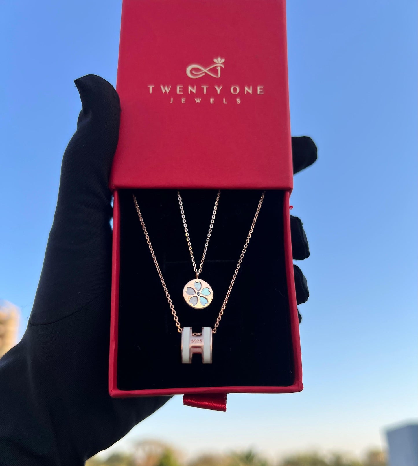 Rose Gold Combo Verito Pendant Stack of Two Pure 925 Silver Pendants with Chain.