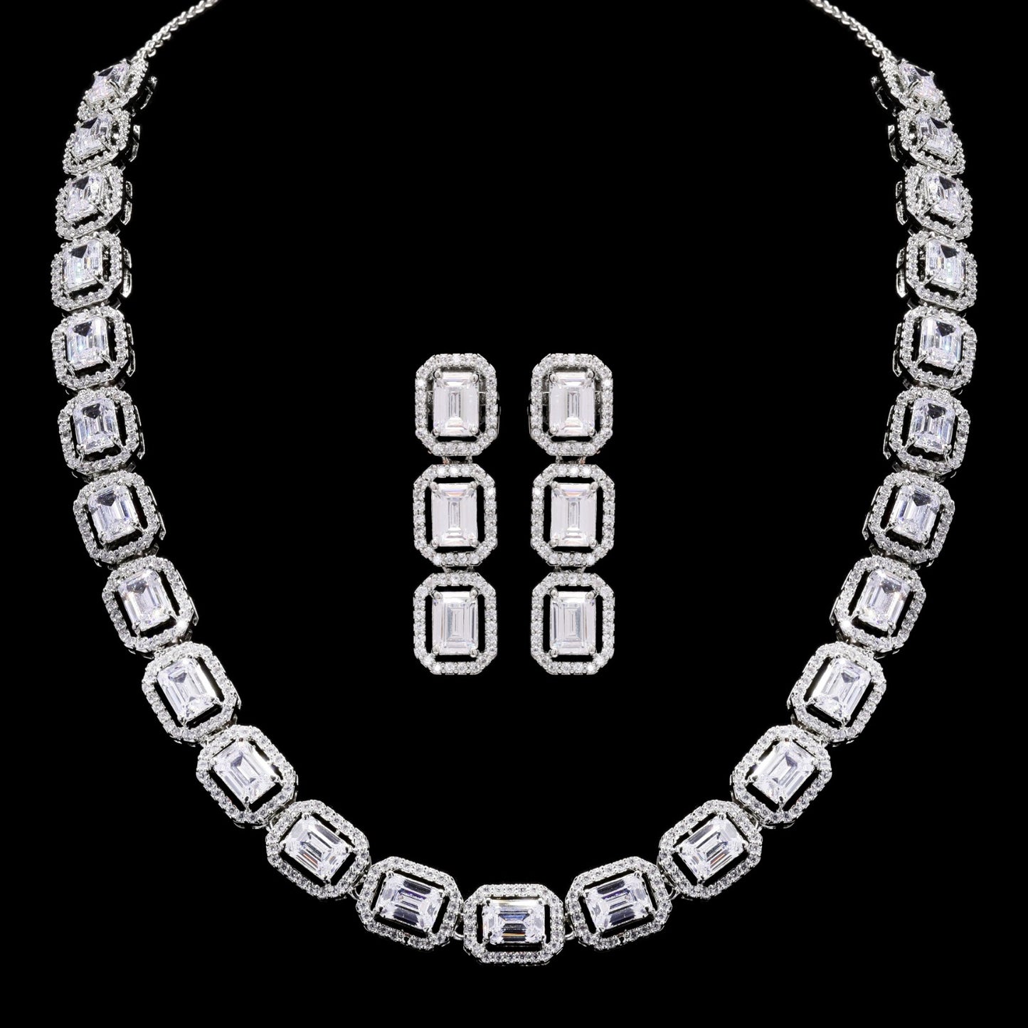 TOJ Everyday - Emerald Cut Solitaire Single Line Necklace Set with Earrings