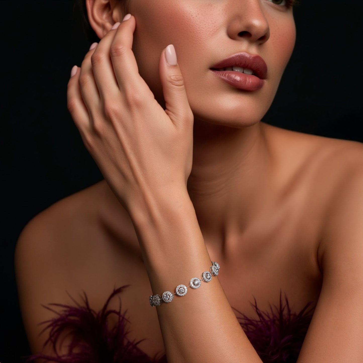 Premium Halo Tennis Bracelet with 25 Pointer Solitaires and Diamond Cluster on Pure 925 Silver