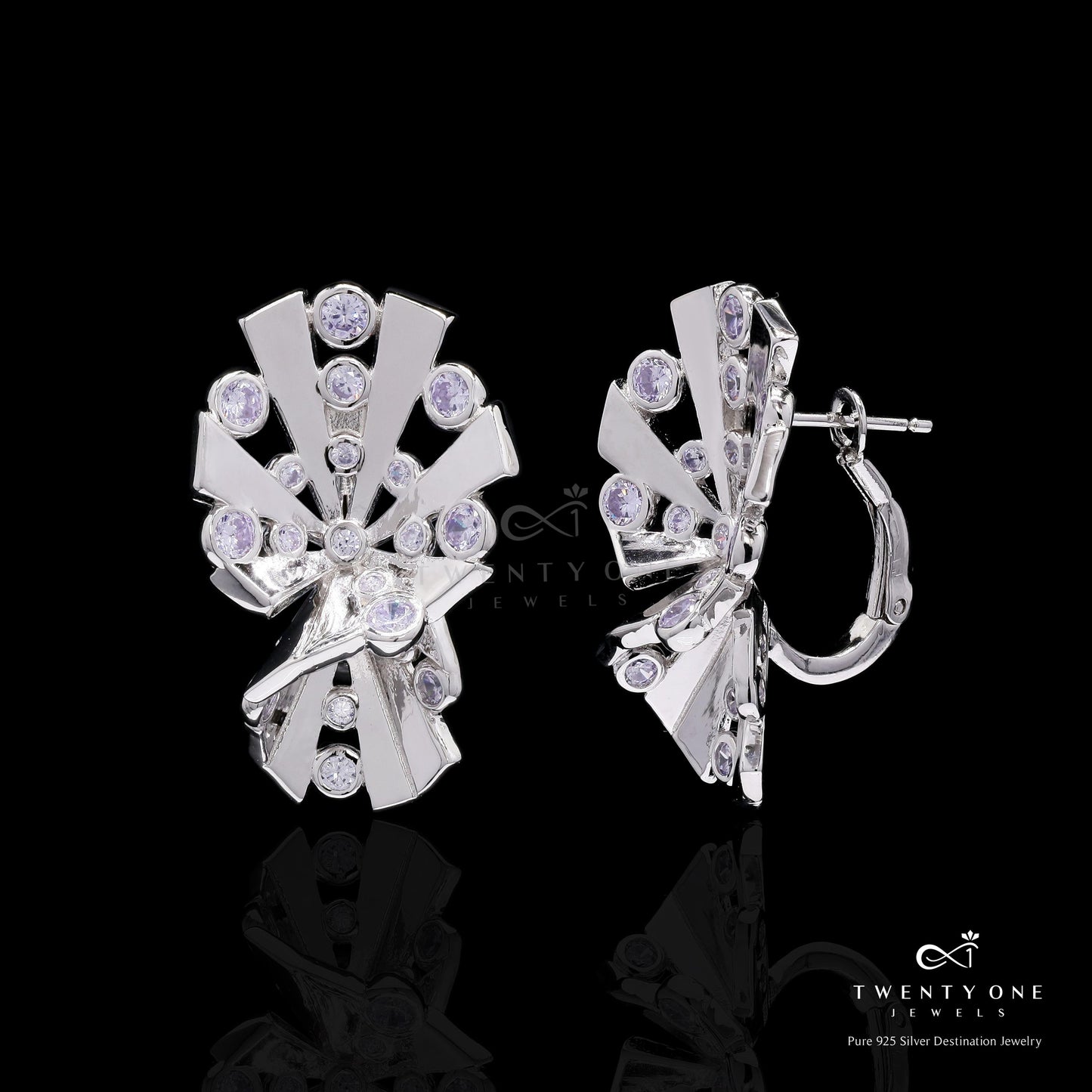 Geometric Adlede Pure 925 Silver Earrings with Bezel Setting Solitaire Detailing