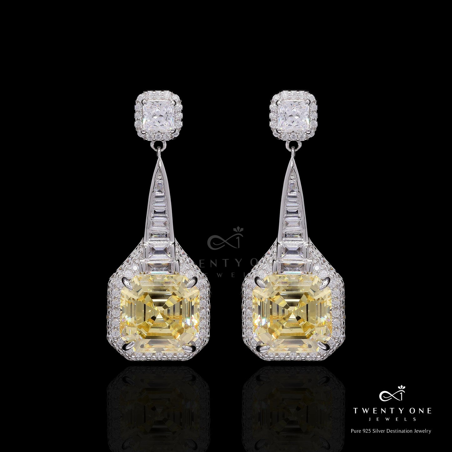 Premium Handcrafted Yellow Ascher Cut Diamond Party Danglers with Baguettes on Pure 925 Silver